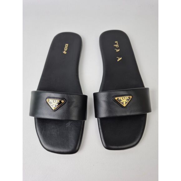 Prada Shoes - Prada Women's Black Leather Badge Triangle Logo Slides Sandals Size 37